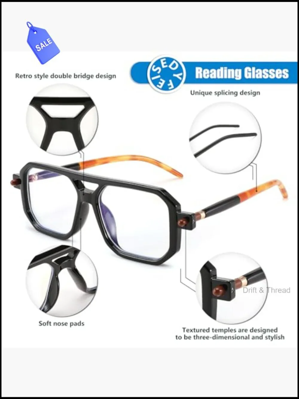 Vintage Square Blue Light Blocking Reading Glasses for Women Men Double Bridge